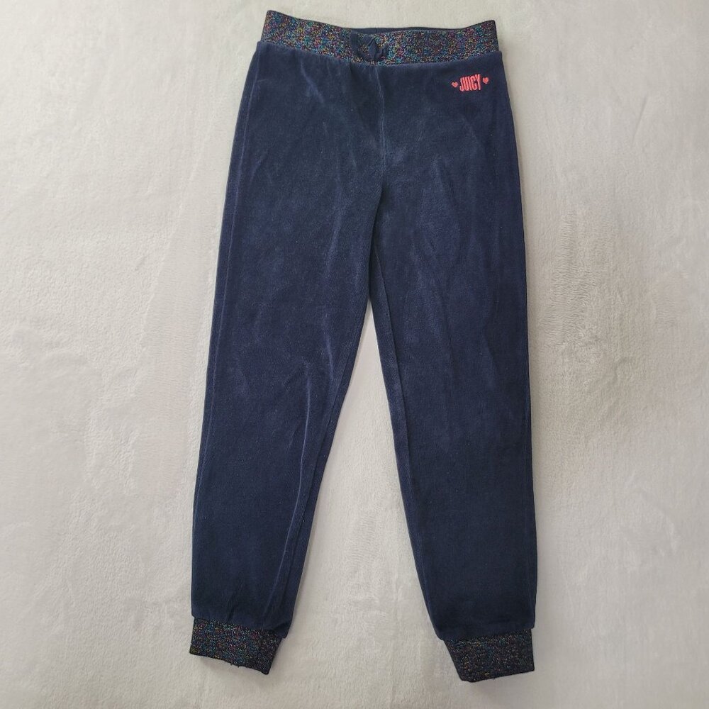 Juicy Couture Girls Navy Velour Joggers With Glitter Waistband Size 7